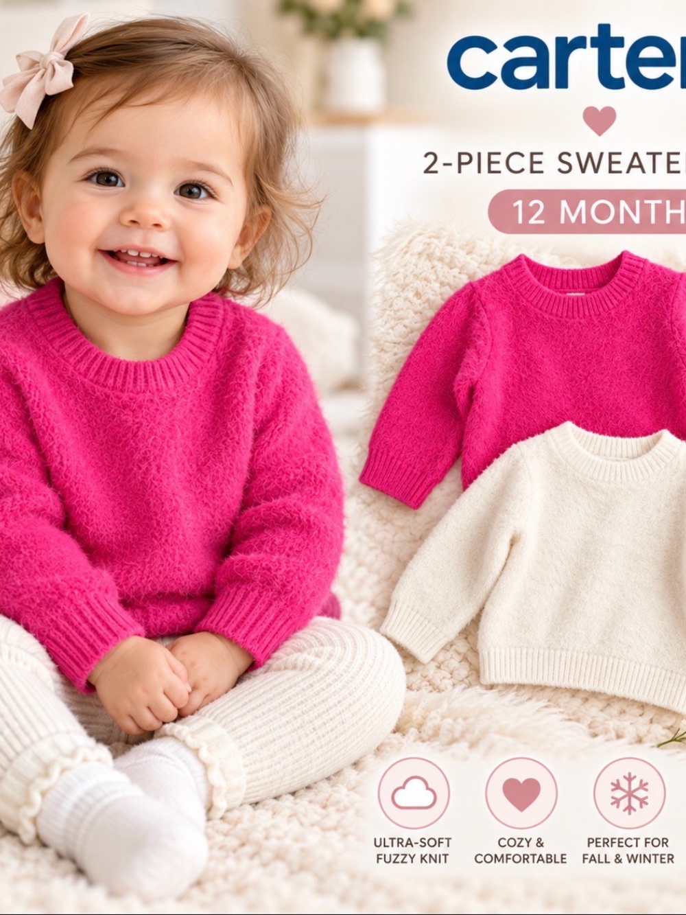 Carter’s Baby Girl 12M Fuzzy Knit Sweater 2Pack Pink Cream Cozy Fall Winter NWOT